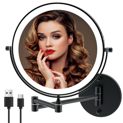 MIROAMZ Rechargeable Wall Mounted Lighted Makeup Vanity Mirror 8 Inch Double Sided 1X 10X Magnifying Bathroom Mirror 3 Color Lighting Touch Screen Dimming 360 Rotation Shaving Matte Black