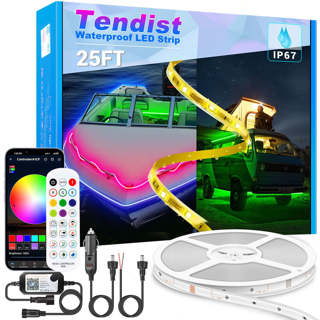 TENDIST LED Boat Lights Strip 25FT IP67 Marine LED Strip Pontoon Boat Light App Control 12V RGB Waterproof Boat Interior Light Night Fishing Lighting for Bass Boat Kayak Jon Boat Deck