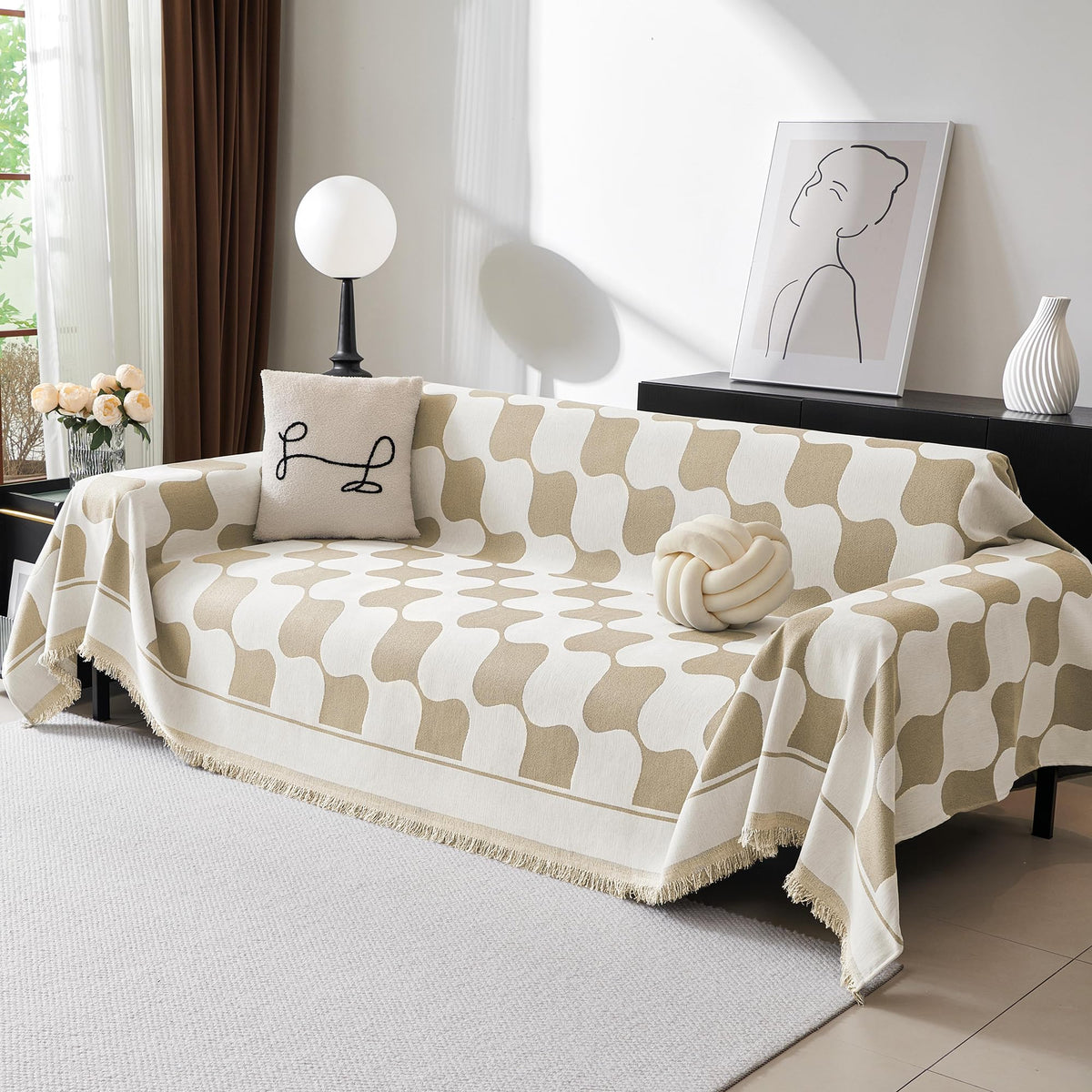MEETSKY Couch Covers for 3 Cushion Couch Sofa Pet Friendly Super Soft Sofa Cover Washable with Tassel Edge，Modern Jacquard Chenille Sofa Slipcover for Sectional Sofa 71"x 134" Khaki Checkerboard