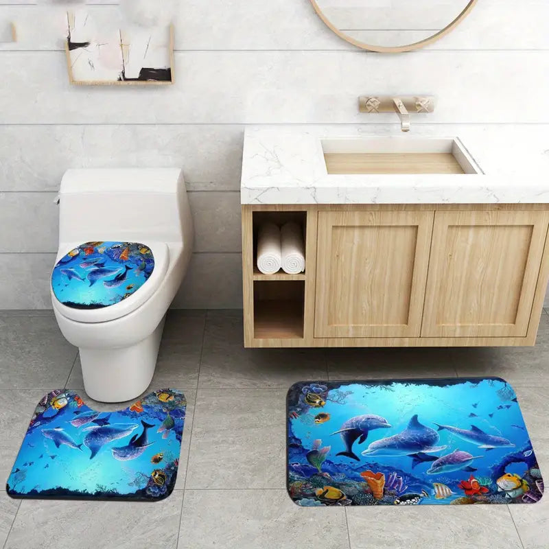 3D Ocean Underwater Shower Curtain & Bath Mat Set