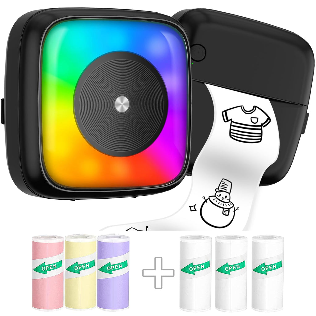 Mini Printer Sticker Printer Print Pod with 6 Rolls Sticker Paper Seven Color Lighting Modes for DIY Scrapbook Travel Notes Label Memo Compatible with iOS&Android