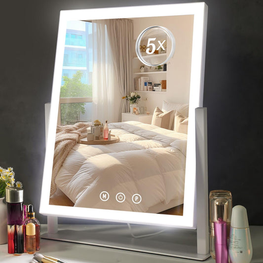 Lighted Makeup Mirror Hollywood Vanity Mirror with 5X Magnification Mirror 360°Rotation Touch Control 3 Color Lighting for Desks Bedroom Dressing Room Small