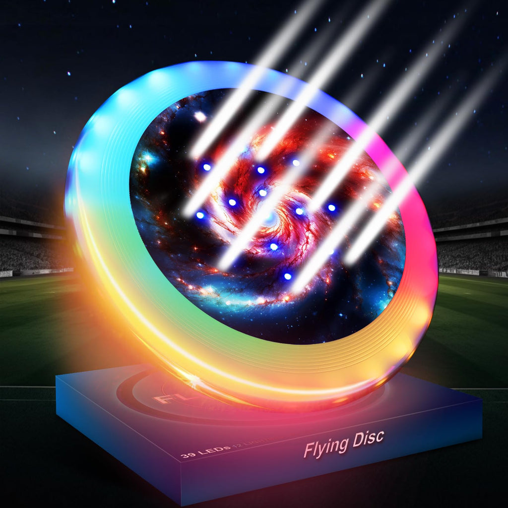SETOXYX Frisbee Glow in The Dark - Lighting up Gift for Teen Boy - Flying Disc with 39 LEDs+7 Lighting Modes Changeable - Waterproof Frisbee Rechargeable - Outdoor Games in Camp Evening Party