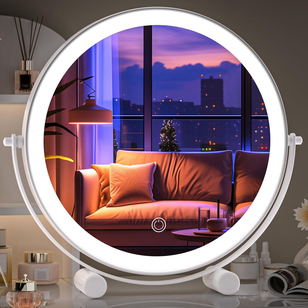 Hasipu 10-inch Lighted Makeup Mirror with Magnification White Frame Rechargeable 3000 mAh Vanity Mirror with Lights Desk Mirror with Dimmable Brightness 3 Lighting Modes