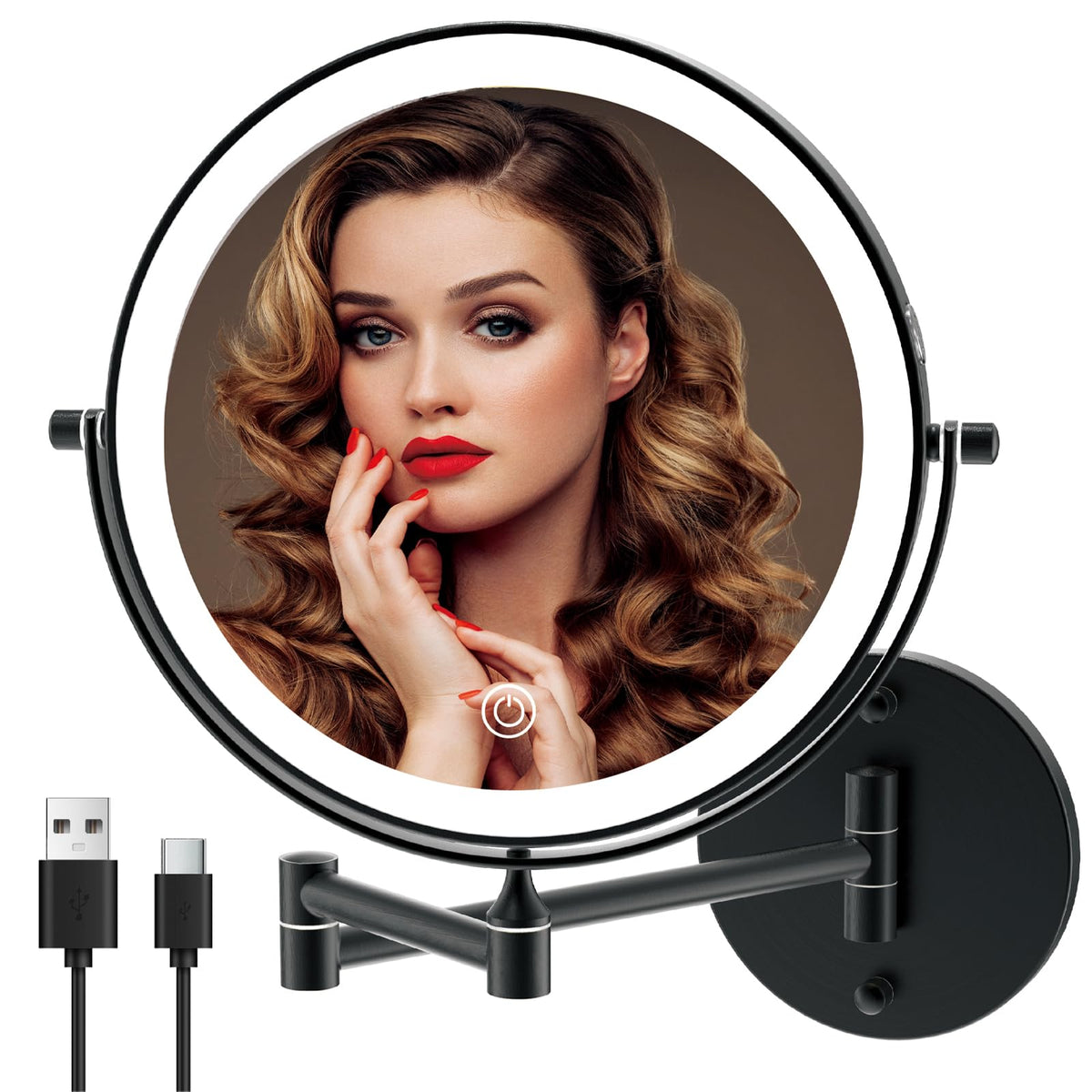 MIROAMZ Rechargeable Wall Mounted Lighted Makeup Vanity Mirror 8 Inch Double Sided 1X 10X Magnifying Bathroom Mirror 3 Color Lighting Touch Screen Dimming 360 Rotation Shaving Matte Black