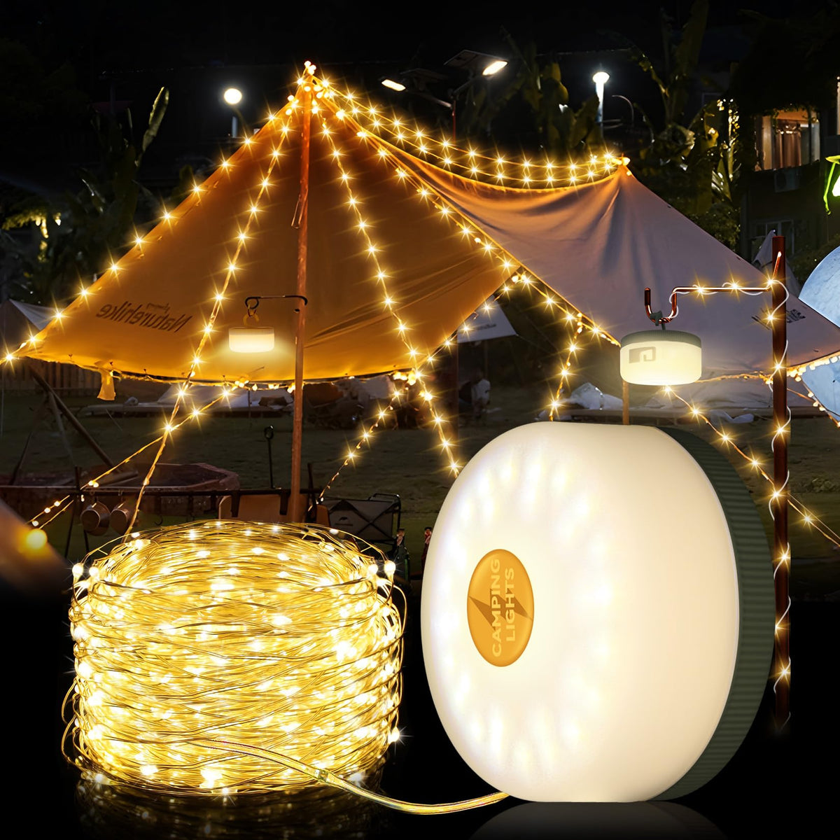 Geisofu Camping String Lights Outdoor Warm Lighting1500mAh USB Portable Rechargable Camping Lights String 26.2FT with 5 Lighting ModesWaterproof Camping Tent Lights for Party&Halloween(Green)