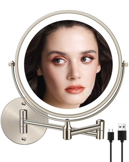 Rechargeable Lighted Wall Mounted Makeup Mirror 8 Inch Bathroom Mirror Double-Sided 1X/10X Magnifying LED Vanity Mirror 3 Color Lighting Touch Screen 360° Swivel 13 Inch Extendable