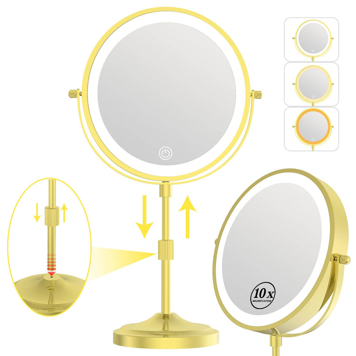 9" Lighted Makeup Mirror with 1X 10x Magnification 5000mAh Rechargeable Magnifying Vanity mirror with lights 3 Lighting Color Dimmable and Height Adjustable Cordless Cosmetic Mirror (10X Gold)