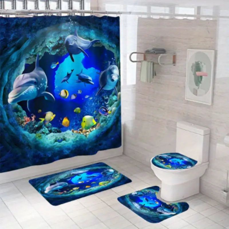 3D Ocean Underwater Shower Curtain & Bath Mat Set