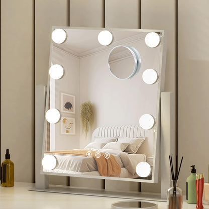 Abesthink Vanity Mirror with Lights 12" L x 14" W Small Makeup Mirror with Lights 9 LED Bulbs for Makeup Desk 3 Color Lighting Modes 360°Rotation