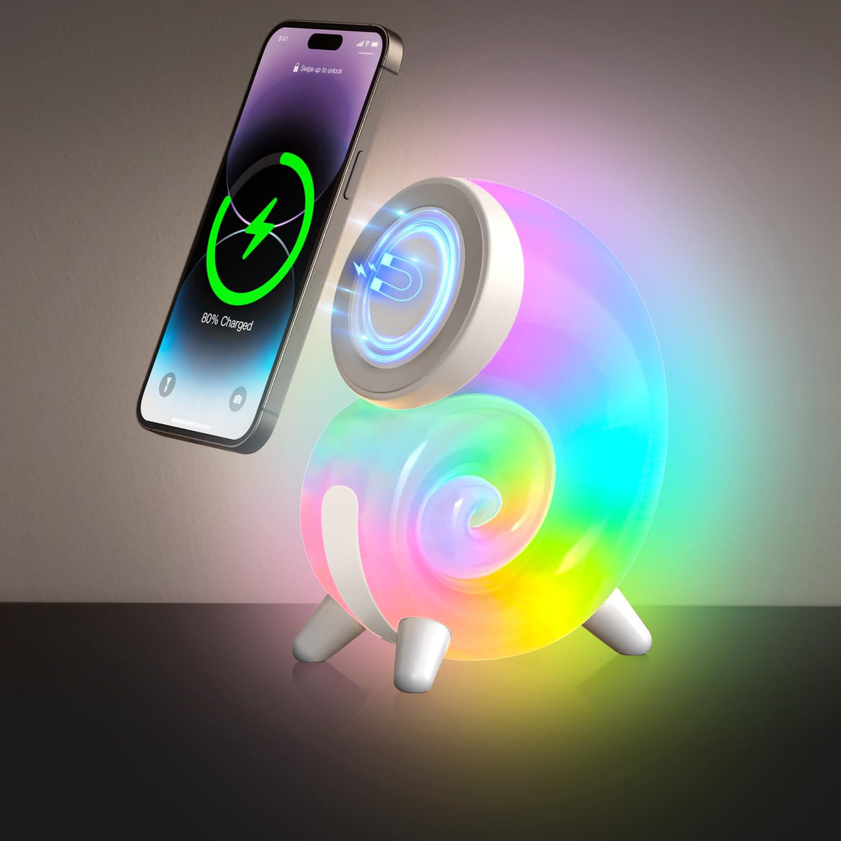 Mini Conch Magnetic Wireless Charging Atmosphere Lamp 15W Wireless Charging Station Touch to Adjust Lighting Colorful RBG Light (White)